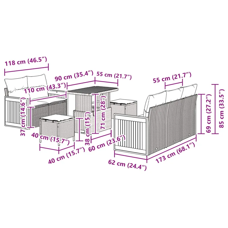 Sodo Sofų Rinkinys su pagalve 8 pcs Juoda