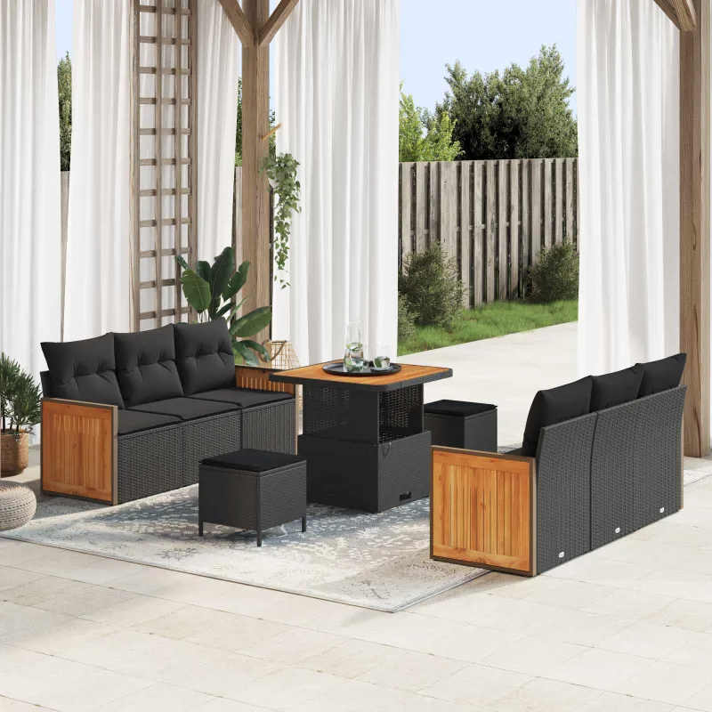 Sodo Sofų Rinkinys su pagalve 9 pcs Juoda