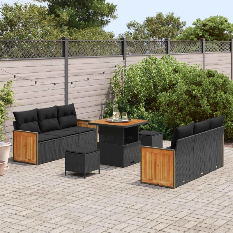 Sodo Sofų Rinkinys su pagalve 9 pcs Juoda