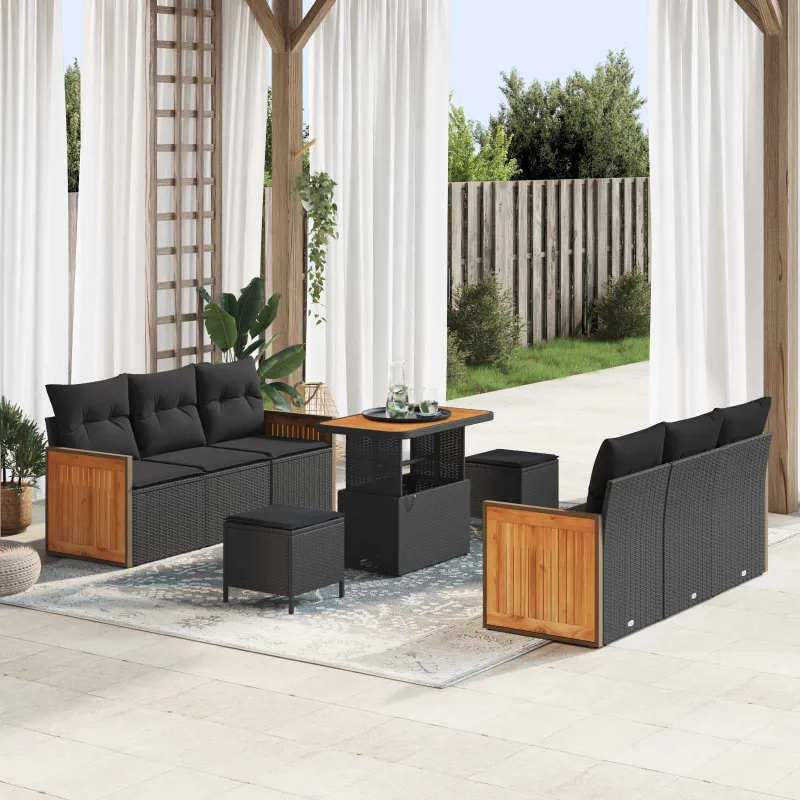 Sodo Sofų Rinkinys su pagalve 9 pcs Juoda