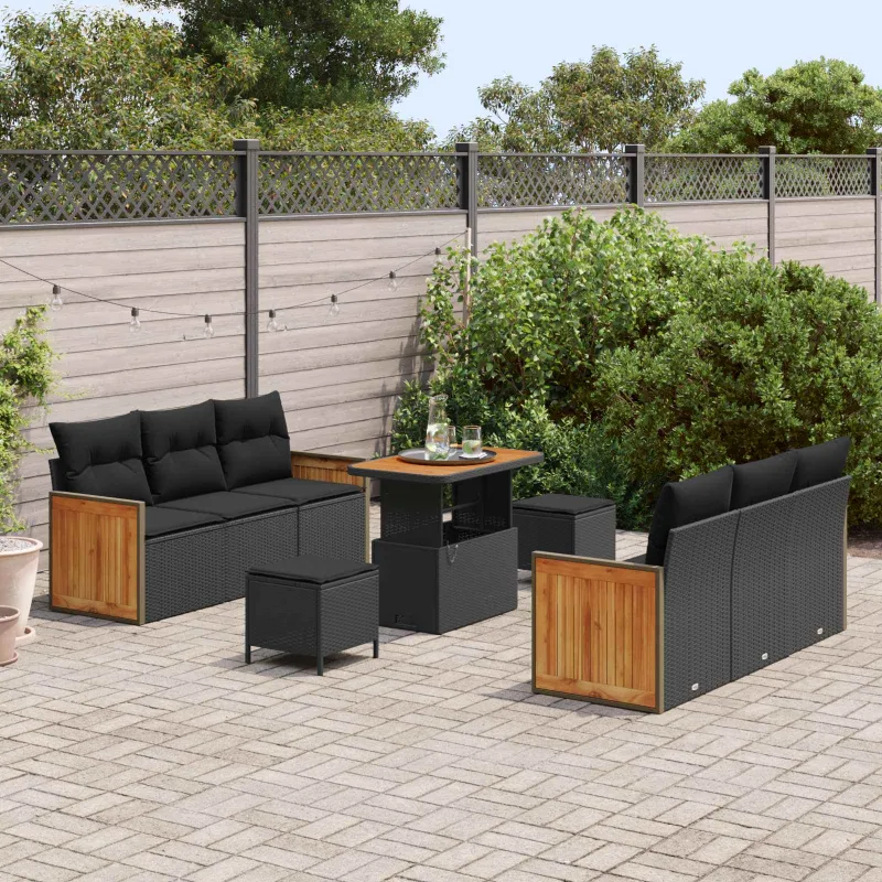 Sodo Sofų Rinkinys su pagalve 9 pcs Juoda
