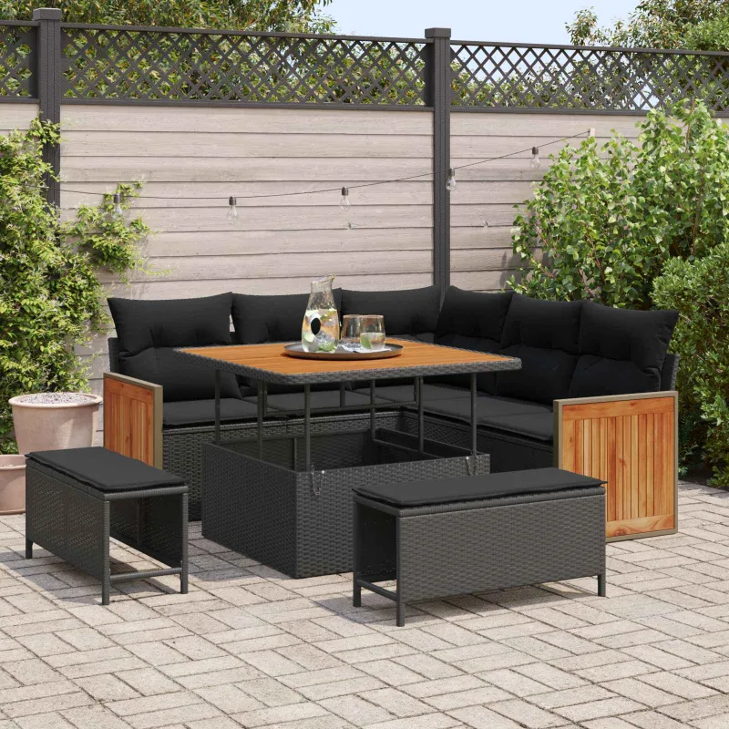 Sodo Sofų Rinkinys su pagalve 8 pcs Juoda
