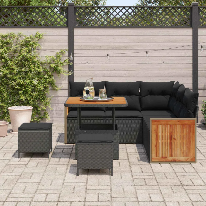 Sodo Sofų Rinkinys su pagalve 8 pcs Juoda