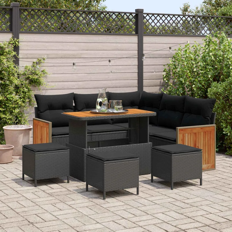 Sodo Sofų Rinkinys su pagalve 9 pcs Juoda