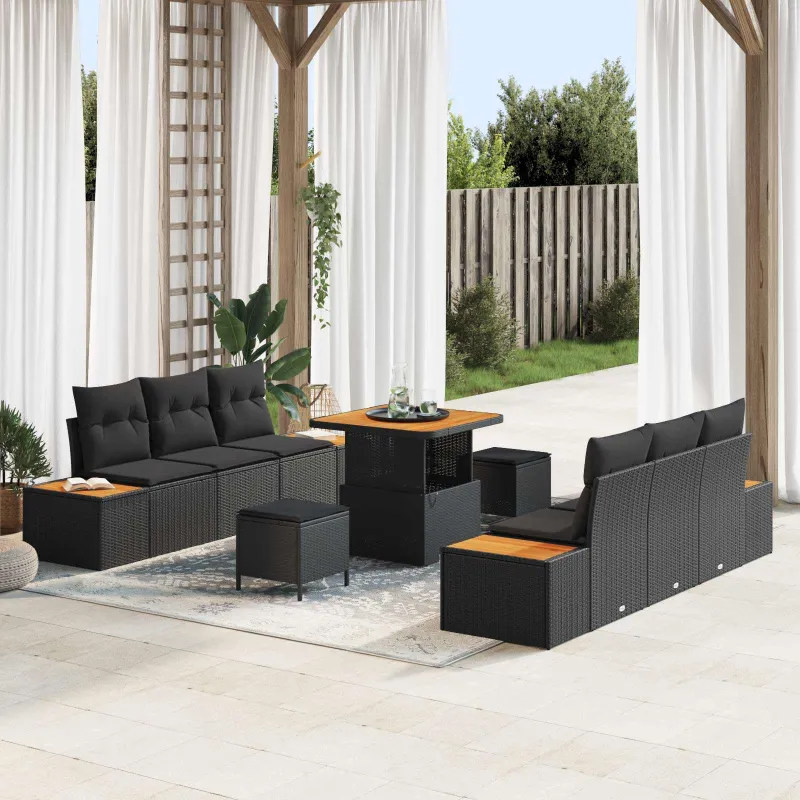 Sodo Sofų Rinkinys su pagalve 9 pcs Juoda