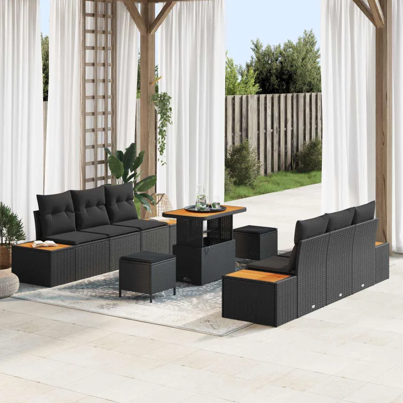 Sodo Sofų Rinkinys su pagalve 9 pcs Juoda