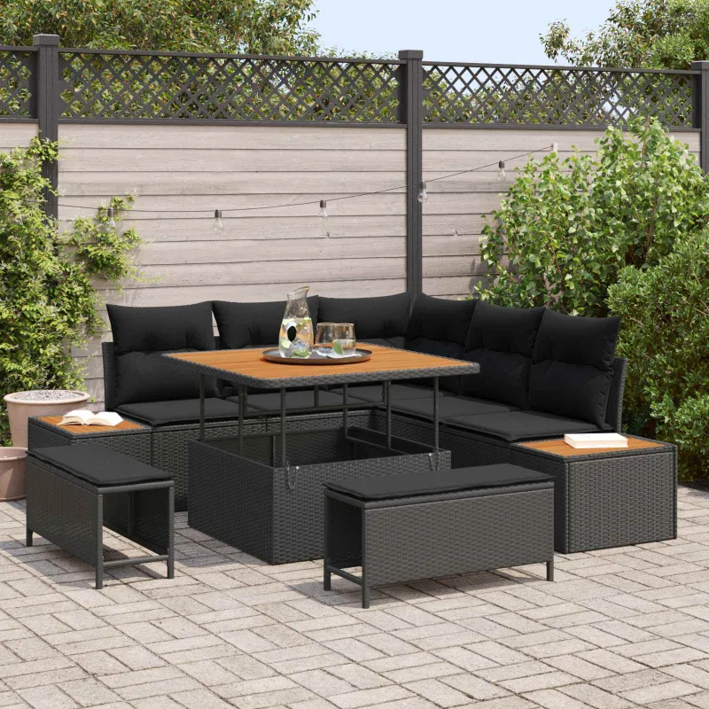 Sodo Sofų Rinkinys su pagalve 8 pcs Juoda