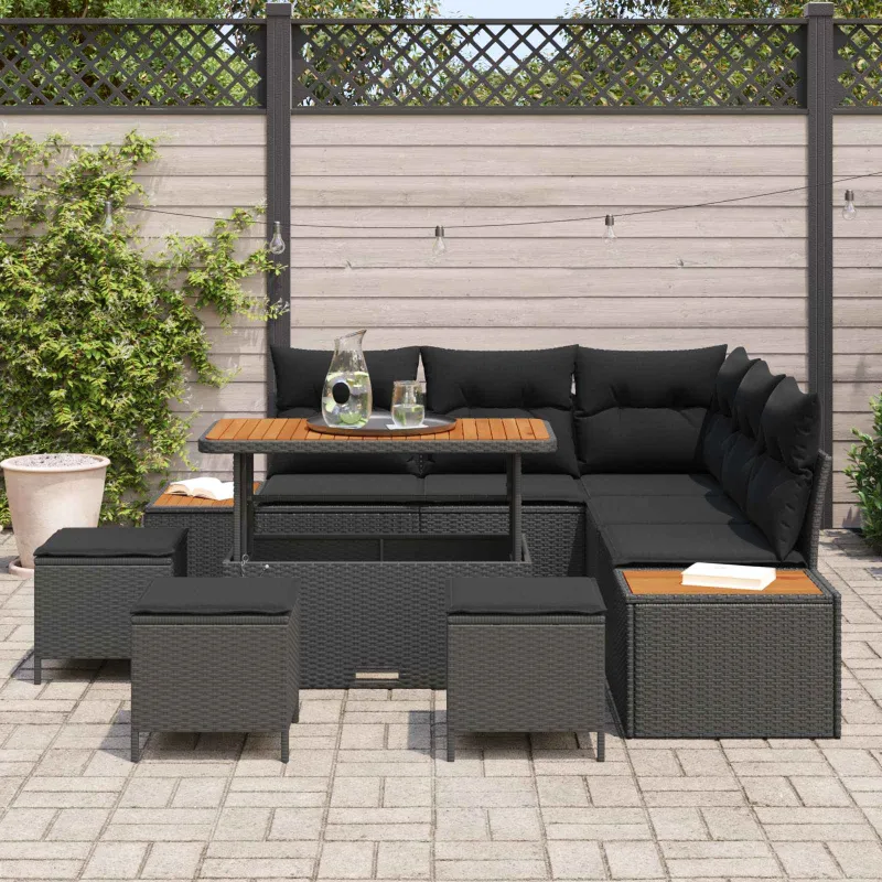 Sodo Sofų Rinkinys su pagalve 9 pcs Juoda