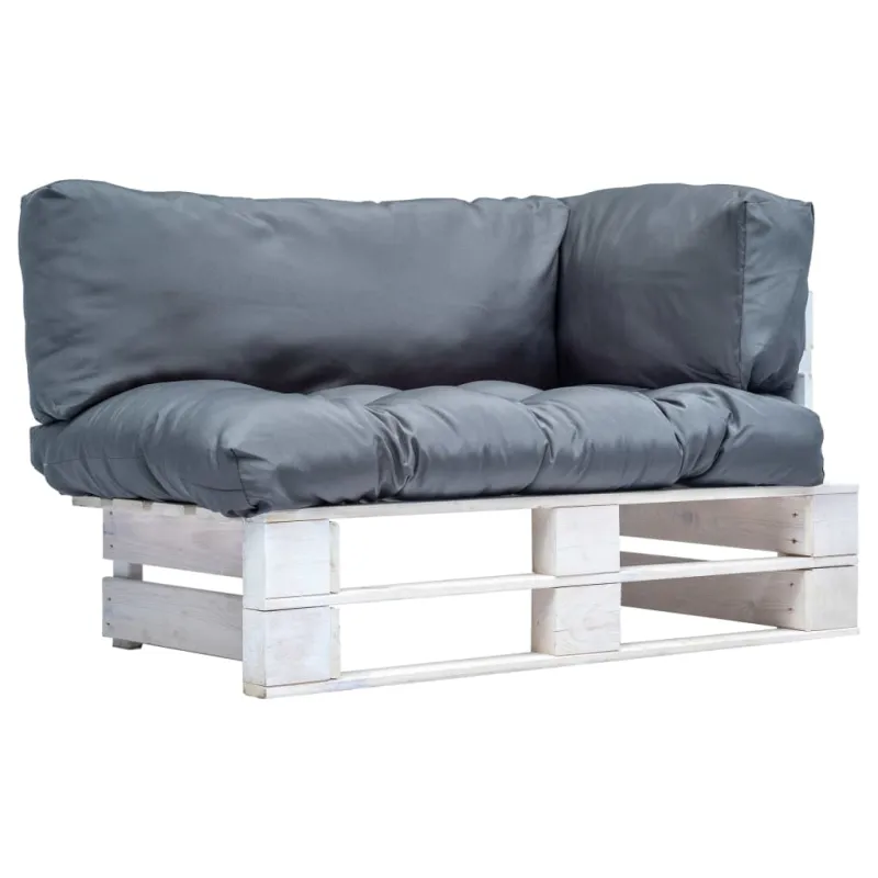 Sodo sofa iš palečių su pilkomis pagalvėlėmis, pušies mediena