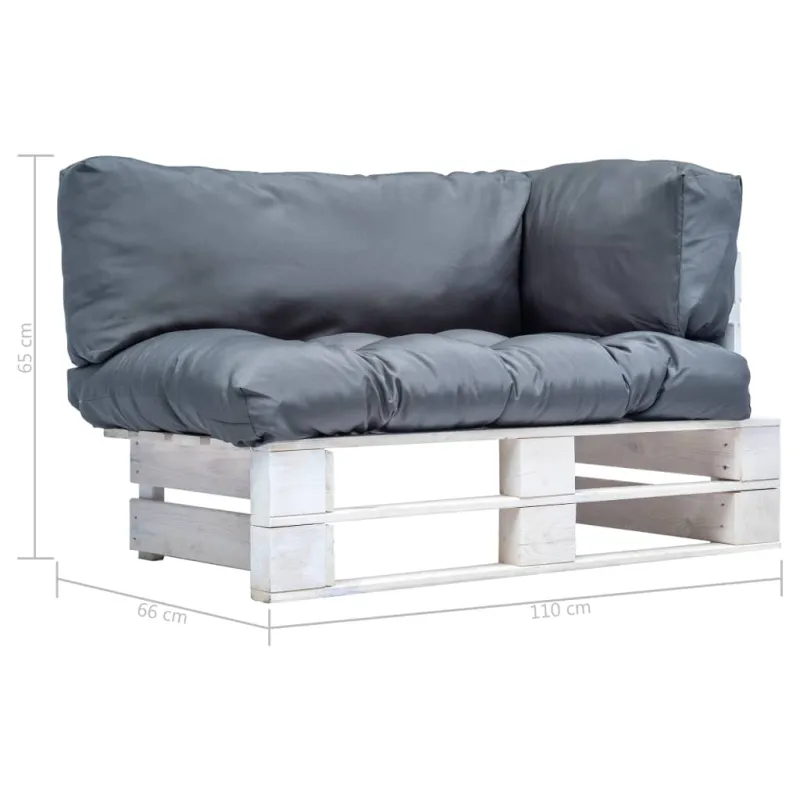 Sodo sofa iš palečių su pilkomis pagalvėlėmis, pušies mediena