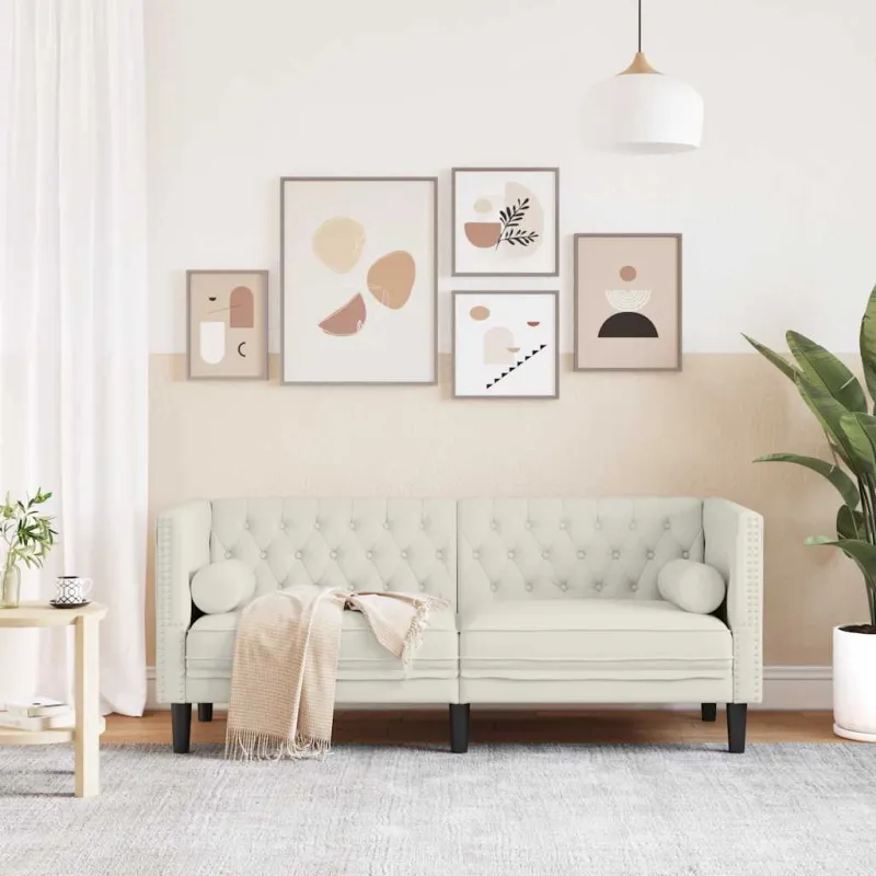 Dvivietė chesterfield sofa su pagalvėlėmis, kreminė, aksomas