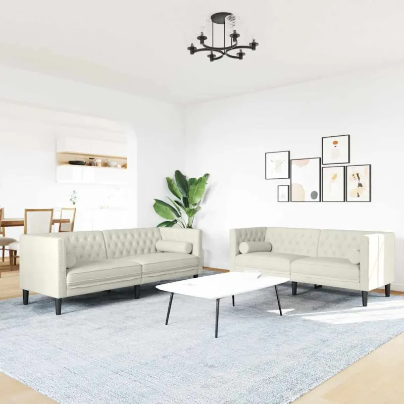 Chesterfield sofų komplektas su pagalvėlėmis, 2 dalių, kreminė