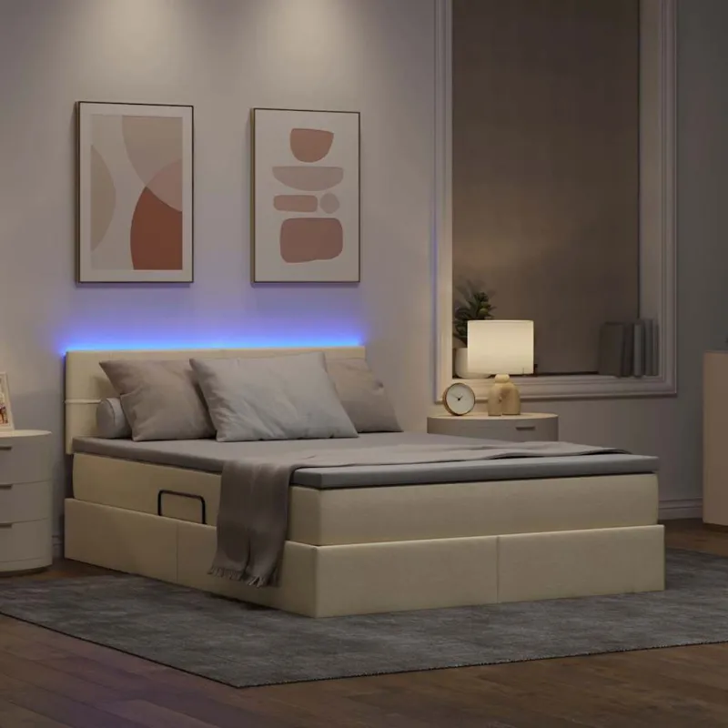 LED saugojimo lova su čiužiniu Kremas 140 x 190 cm Audinys