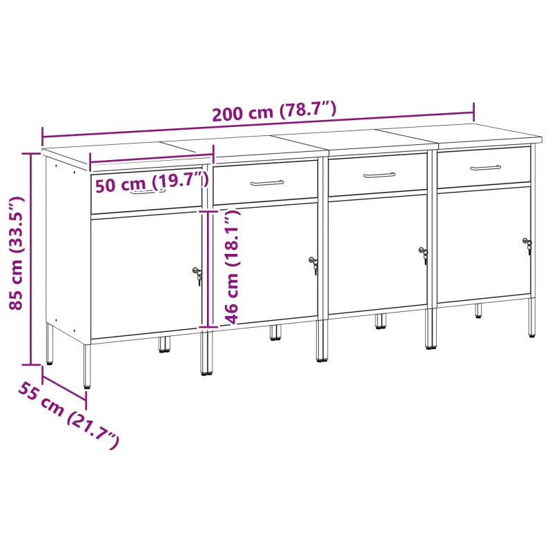 Darbo spinta su stalčių 4 pcs Raudona ir pilka 200 x 55 x 85 cm