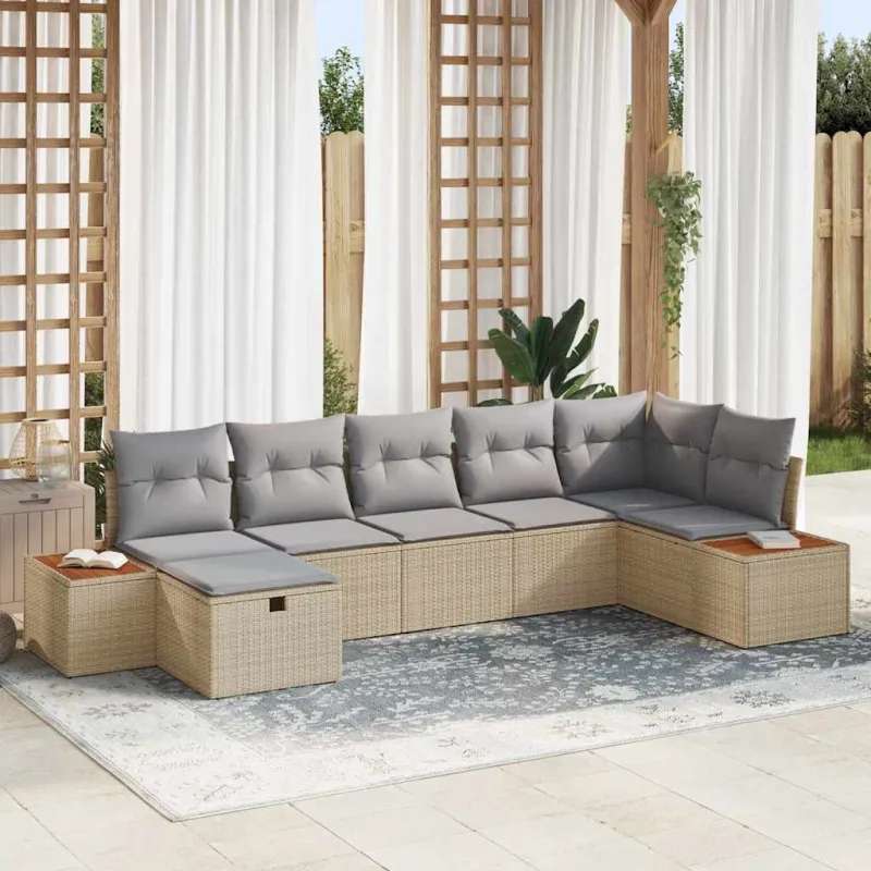 Sodo Sofų Rinkinys su pagalve 7 pcs Smėlio Poli ratanas