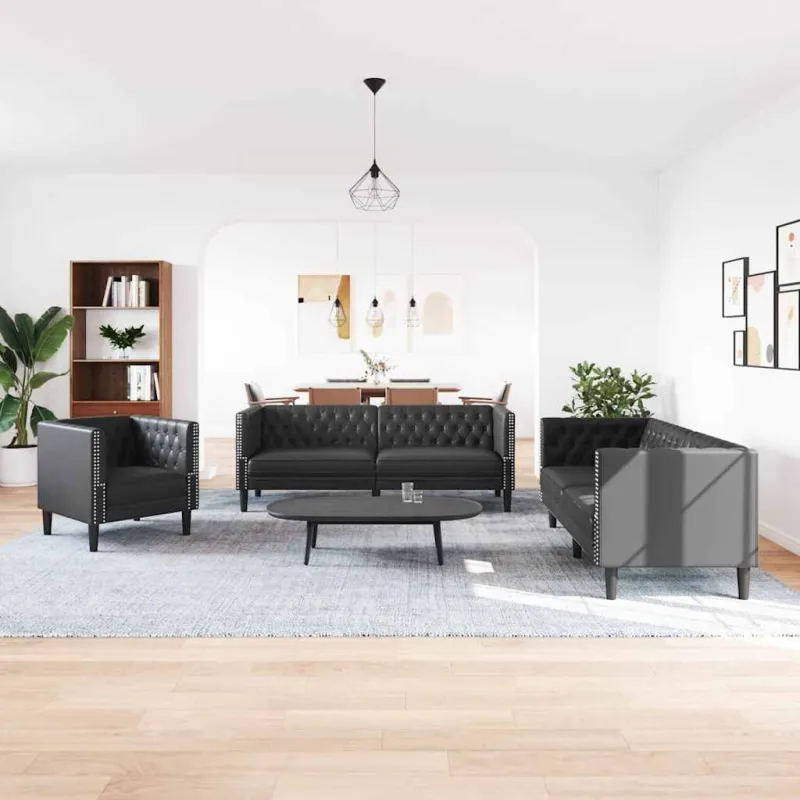 Svetainės sofa 3 vnt. Juoda Dirbtinė oda