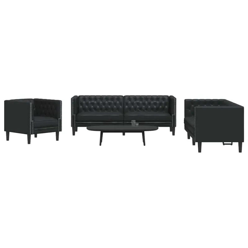 Svetainės sofa 3 vnt. Juoda Dirbtinė oda