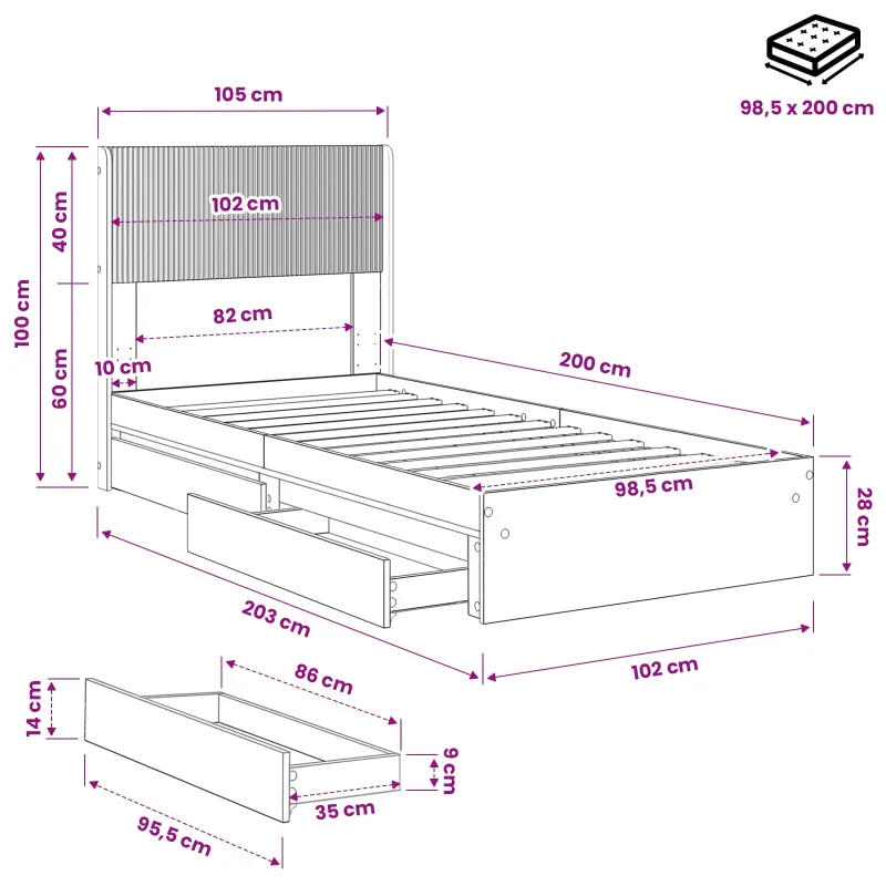 Lovos rėmas su saugojimu ir nugara Juoda 100 x 200 cm