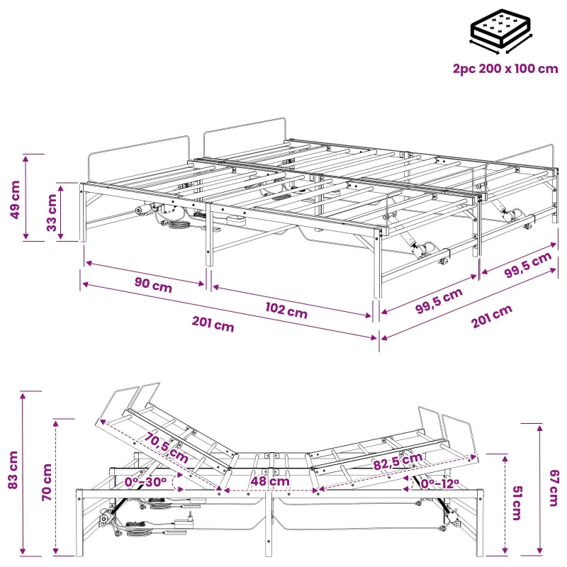 Elektrinis reguliuojamas lovos rėmas Balta 200 x 200 cm Plienas