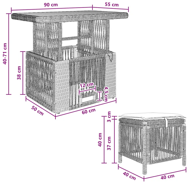 Puutarhakalusteet ruokailuryhmä 3 osaa Beigen ja kermaisen värinen polyrottinki