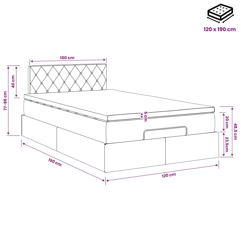 Otmana lova su matracsu ir LED Juoda 120 x 190 cm Aksomas