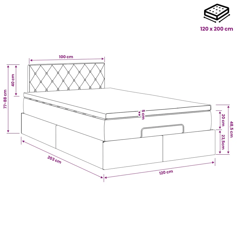 Otmana lova su matracsu ir LED Juoda 120 x 200 cm Aksomas