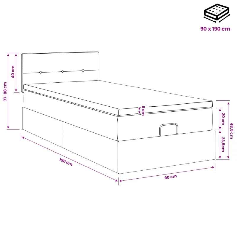 Otmana lova su matracsu ir LED Juoda 90 x 190 cm Aksomas
