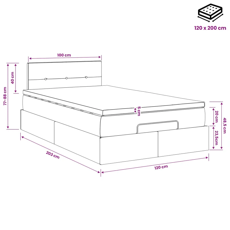 Otmana lova su matracsu ir LED Juoda 120 x 200 cm Aksomas
