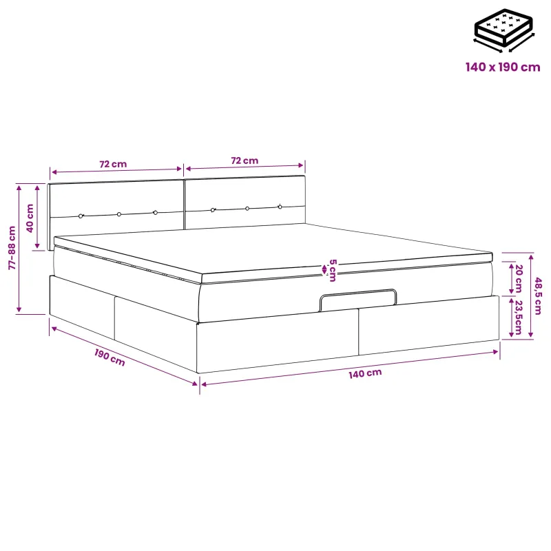 Otmana lova su matracsu ir LED Rožinė 140 x 190 cm Aksomas