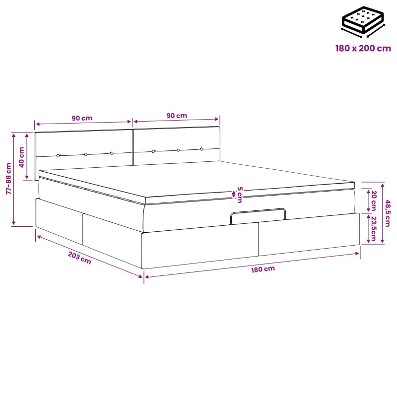 Otmana lova su matracsu ir LED Rožinė 180 x 200 cm Aksomas