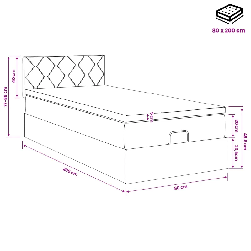 Otmana lova su matracsu ir LED Juoda 80 x 200 cm Aksomas