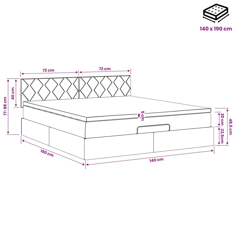 Otmana lova su matracsu ir LED Juoda 140 x 190 cm Aksomas