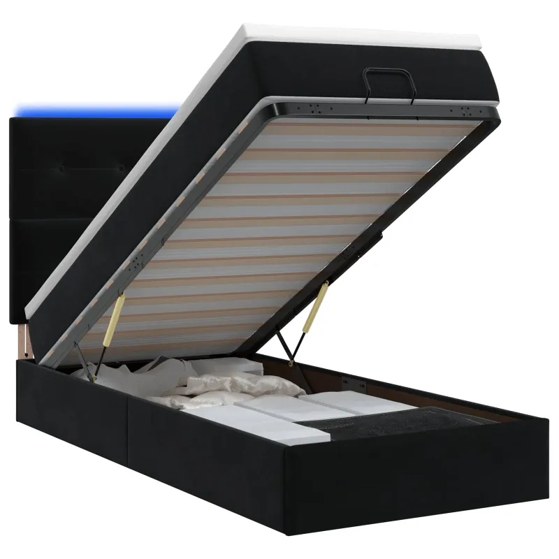 Otmana lova su matracsu ir LED Juoda 90 x 190 cm Aksomas