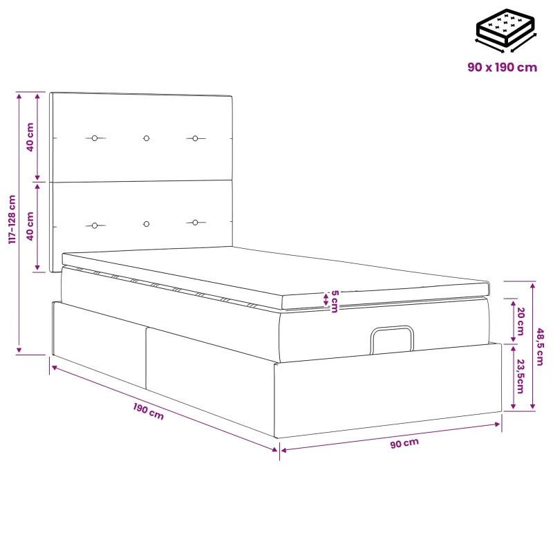 Otmana lova su matracsu ir LED Juoda 90 x 190 cm Aksomas