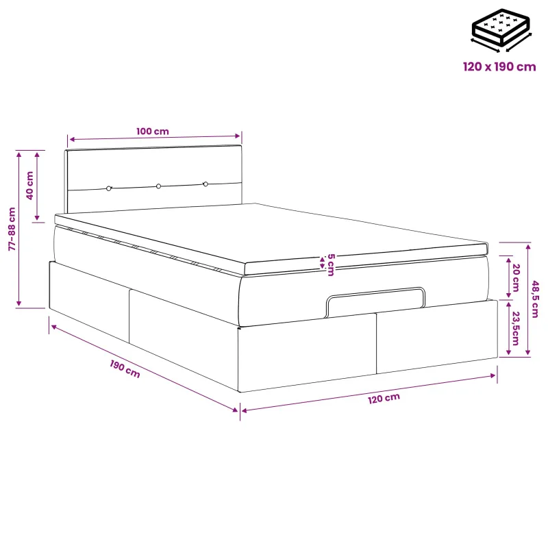 Otmana lova su matracsu ir LED Juoda 120 x 190 cm Aksomas