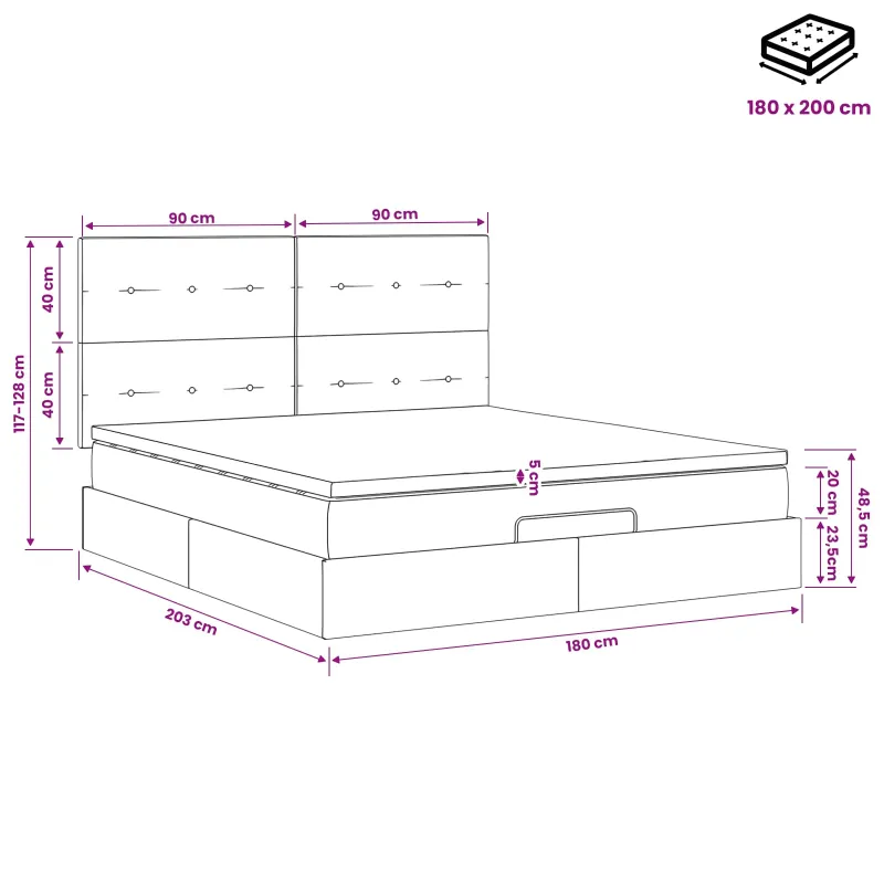 Otmana lova su matracsu ir LED Juoda 180 x 200 cm Aksomas