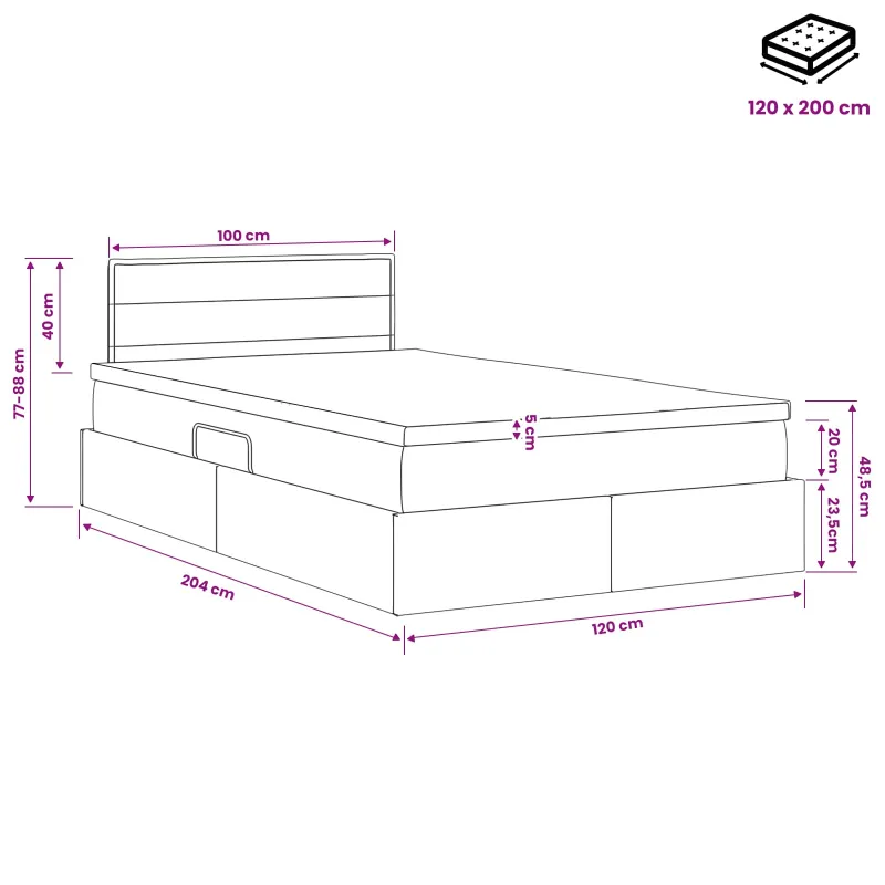 LED saugojimo lova su čiužiniu Juoda 120 x 200 cm Audinys