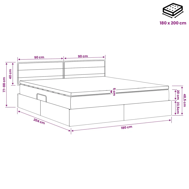 LED saugojimo lova su čiužiniu Juoda 180 x 200 cm Audinys