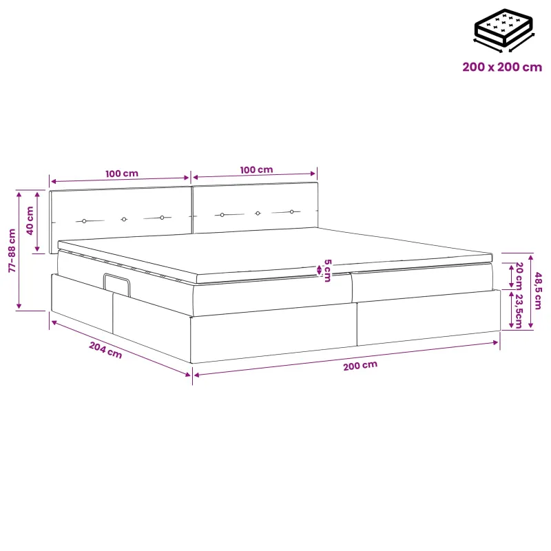 LED saugojimo lova su čiužiniu Juoda 200 x 200 cm Aksomas