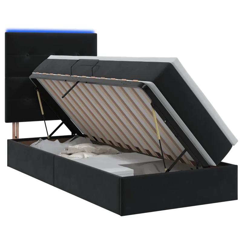LED saugojimo lova su čiužiniu Juoda 90 x 200 cm Aksomas