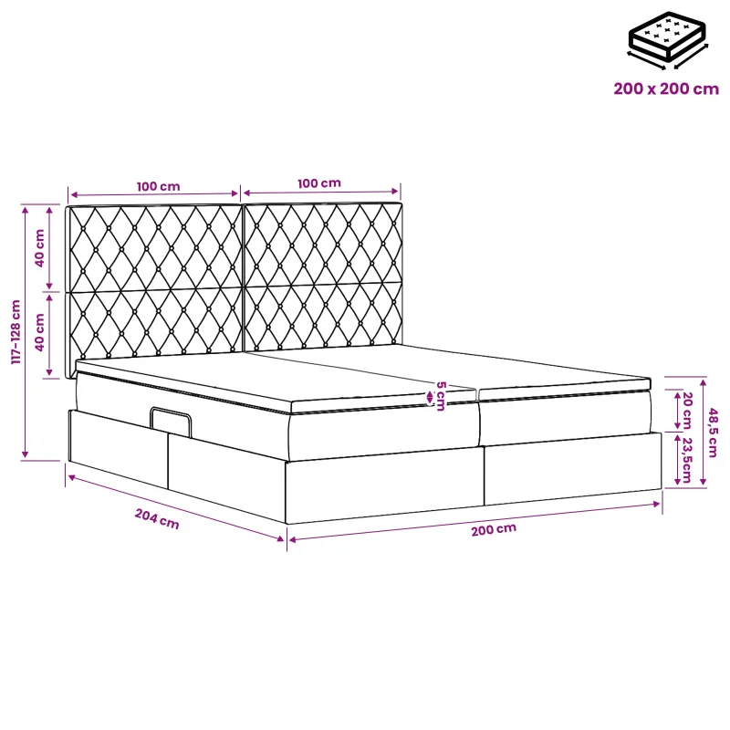 LED saugojimo lova su čiužiniu Rožinė 200 x 200 cm Aksomas