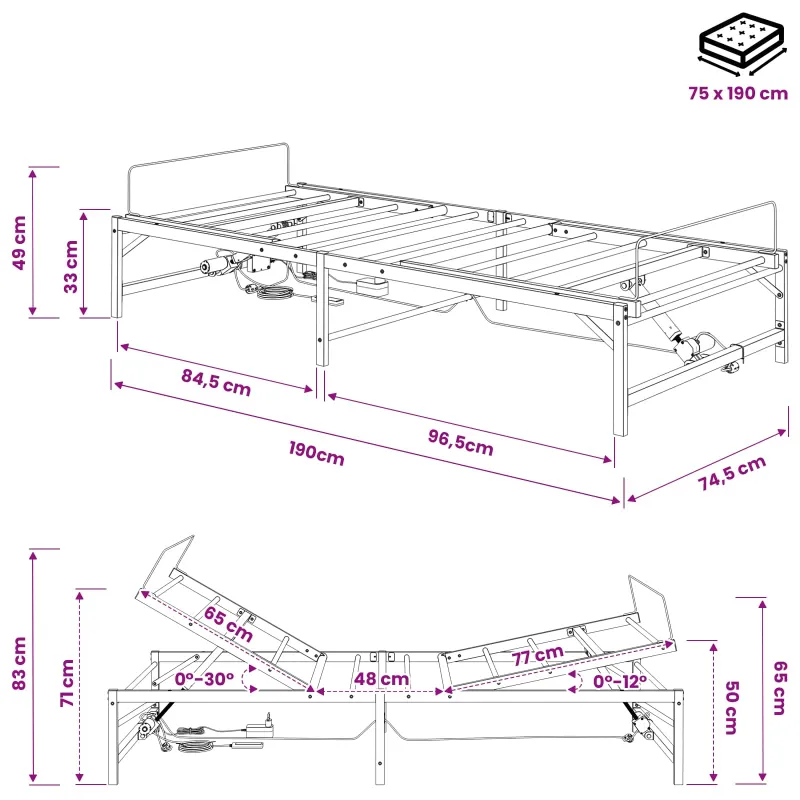 Elektrinis reguliuojamas lovos rėmas Balta 75 x 190 cm Plienas