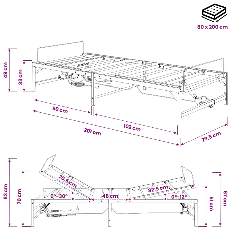 Elektrinis reguliuojamas lovos rėmas Balta 80 x 200 cm Plienas