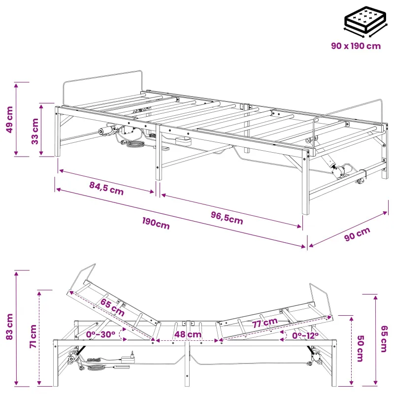 Elektrinis reguliuojamas lovos rėmas Balta 90 x 190 cm Plienas