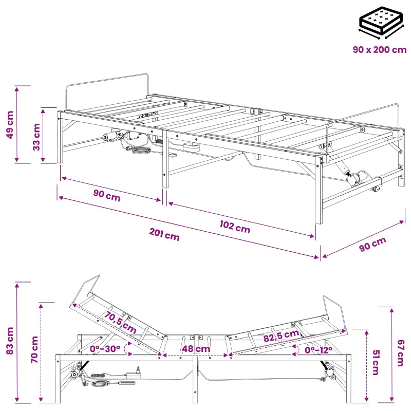 Elektrinis reguliuojamas lovos rėmas Balta 90 x 200 cm Plienas