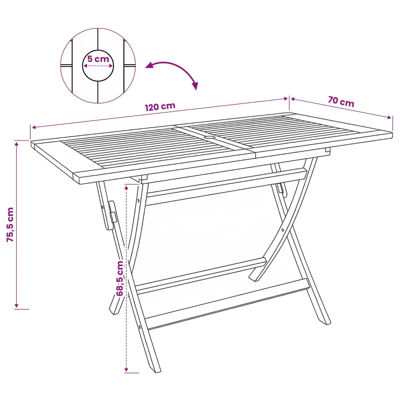 Sulankstomas sodo stalas Natūrali 120 x 70 x 75,5 cm