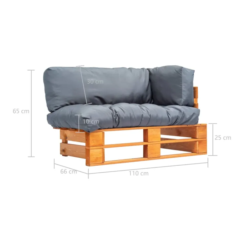 Sodo sofa iš palečių su pilkomis pagalvėlėmis, pušies mediena