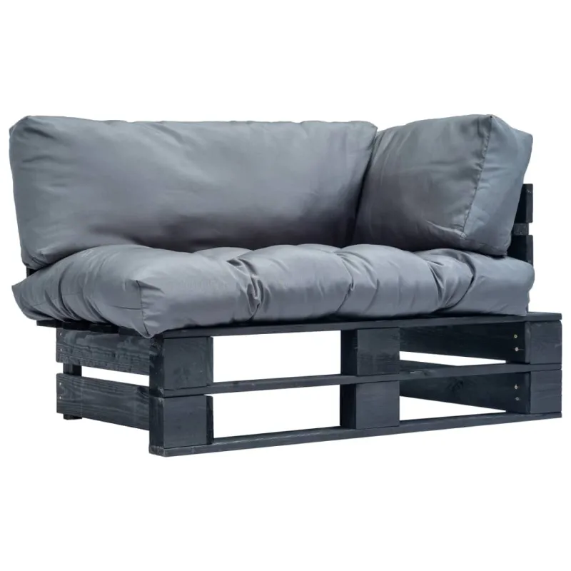 Sodo sofa iš palečių su pilkomis pagalvėlėmis, pušies mediena