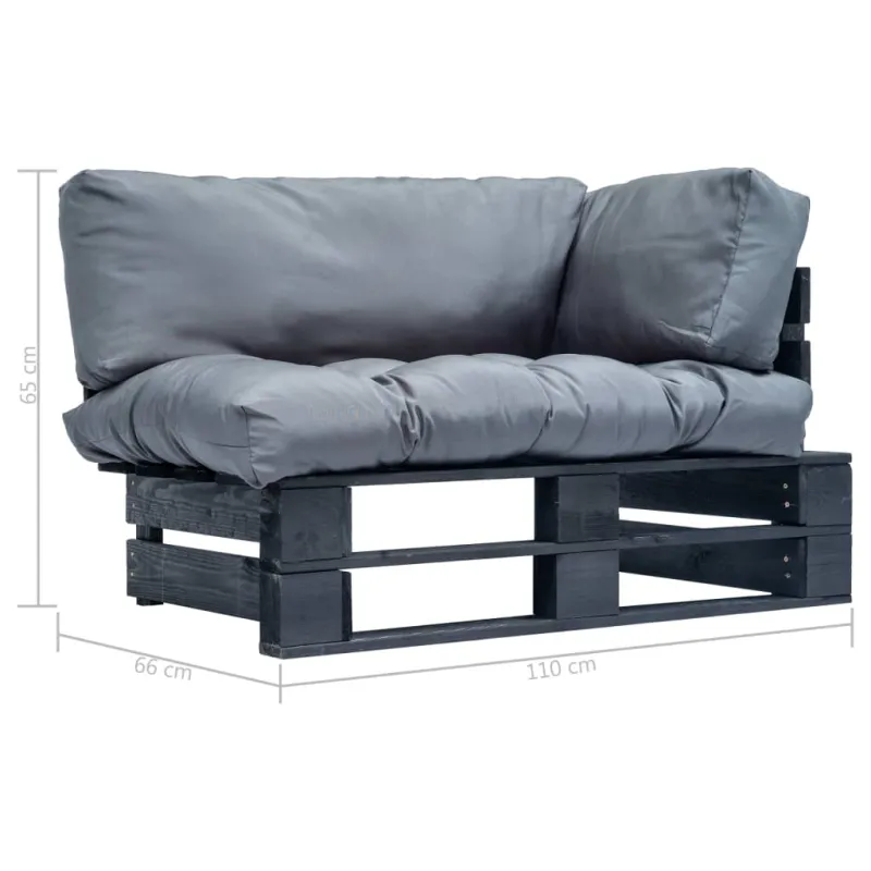 Sodo sofa iš palečių su pilkomis pagalvėlėmis, pušies mediena