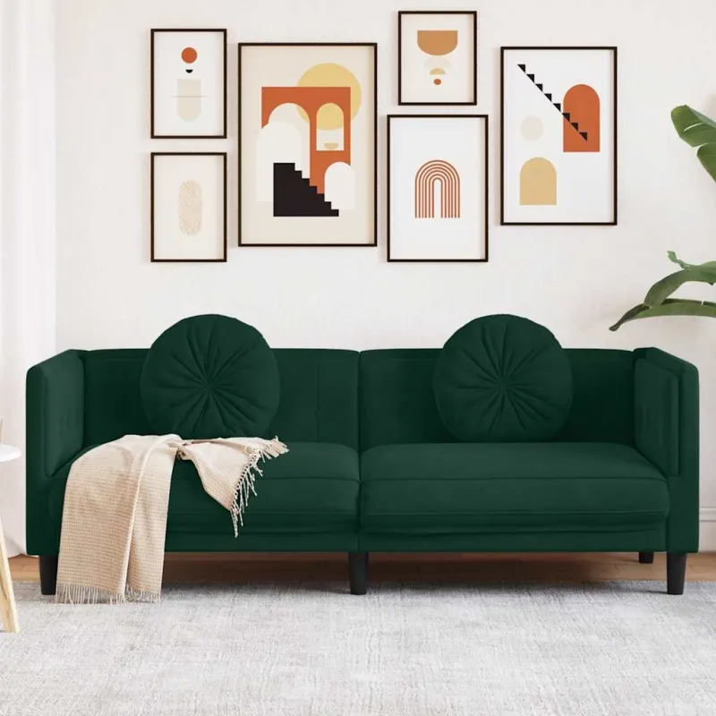 Trivietė sofa su pagalvėlėmis, tamsiai žalios spalvos, aksomas